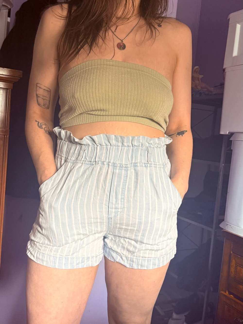 Thread & Supply Light Blue Striped Paperbag Waist Women’s Shorts